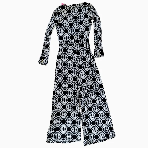 NWT 70s inspired Blk/wht Geometric Longsleeve Pant Jumpsuit Sz M - Picture 2 of 4